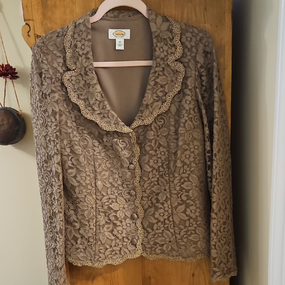 Talbots Floral Lace Scalloped Trim Jacket - Taupe